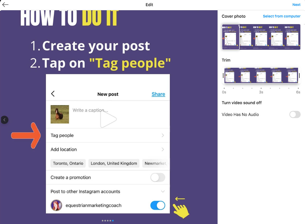 Change your cover image and trip the video clip on your Instagram Post from your Desktop or Laptop